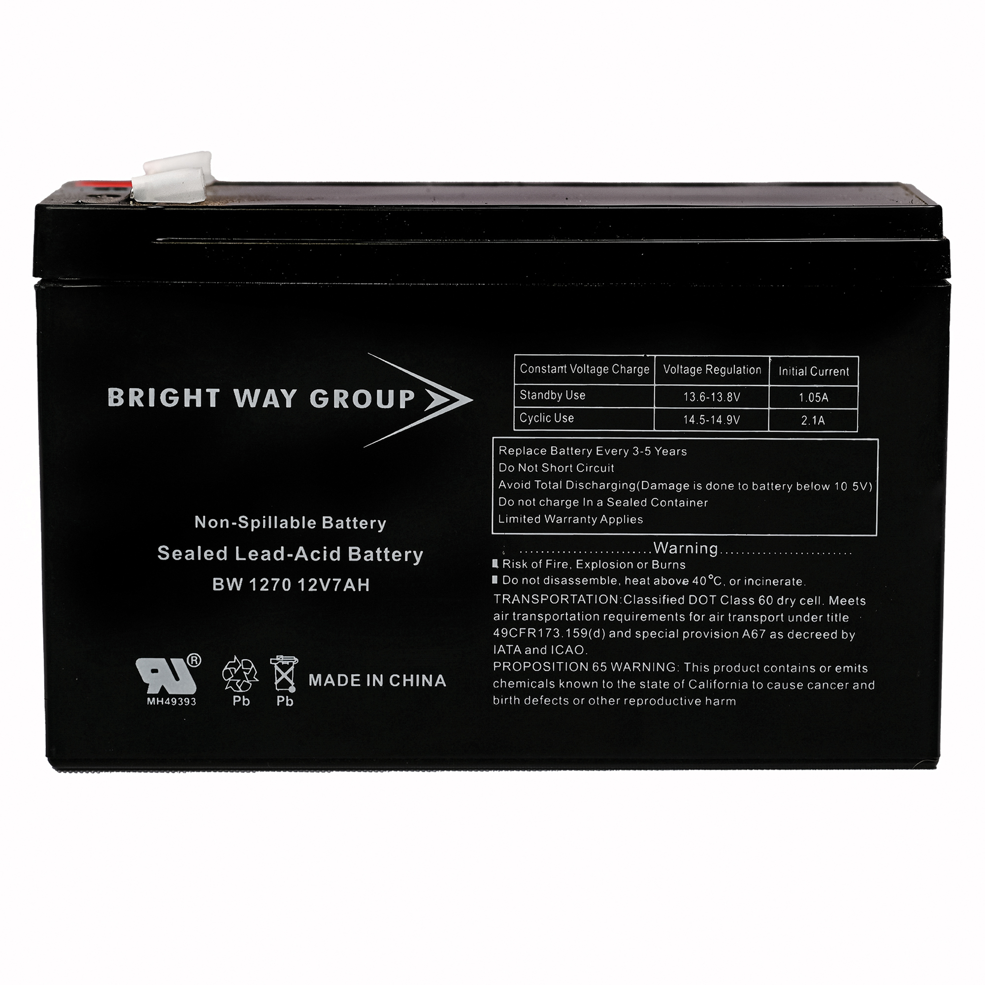 Bright Way Group Sealed Lead Acid Battery — 12V, 7Ah, Non-Spillable, Model# BW 1270 F1